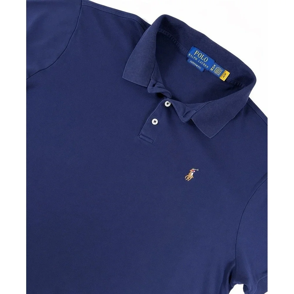 Polo Ralph Lauren Custom Slim Fit Polo Shirt Mens XL Blue Cotton Mesh Brown Pony
